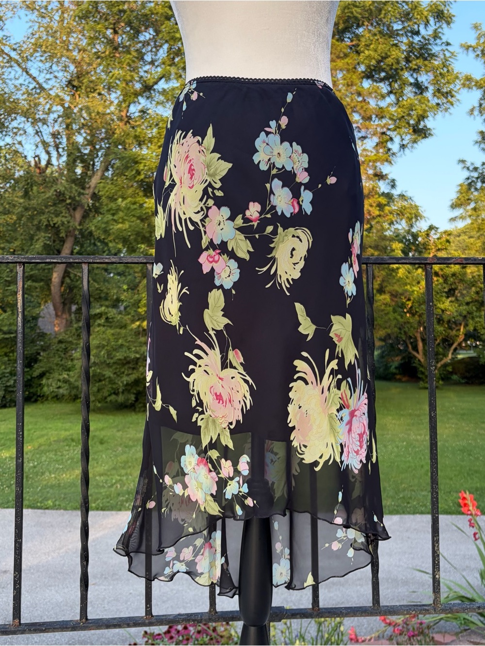 Vintage Y2K Fairycore Floral Sheer Overlay High Low Skirt Womens Size Medium